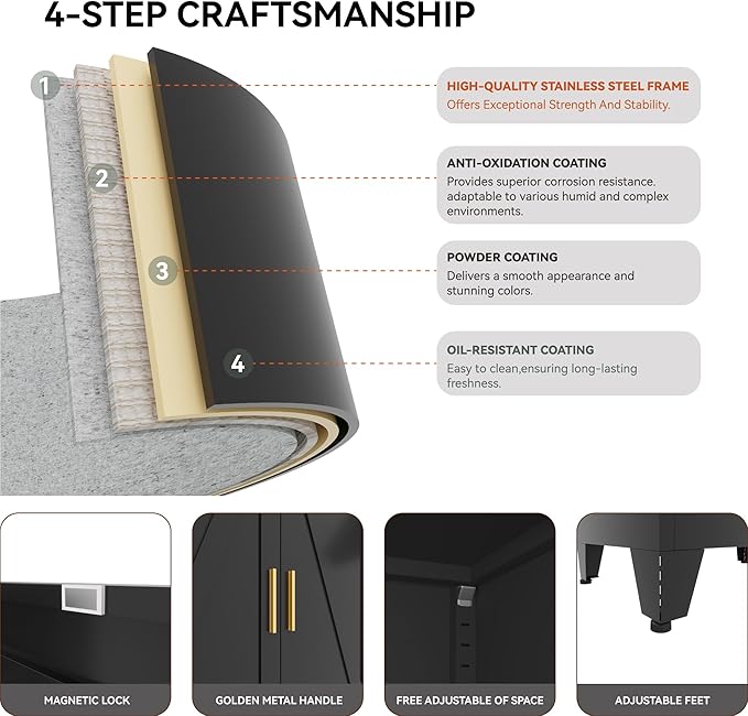 71 "Farmhouse Metal Filing Cabinet with a Drawer and 4 Adjustable Shelves, with 4 Large barn Door White Kitchen Cabinets, Metal Food Cabinets for Home, Kitchen, Dining/Living Room (Black)-CasaMuseHome