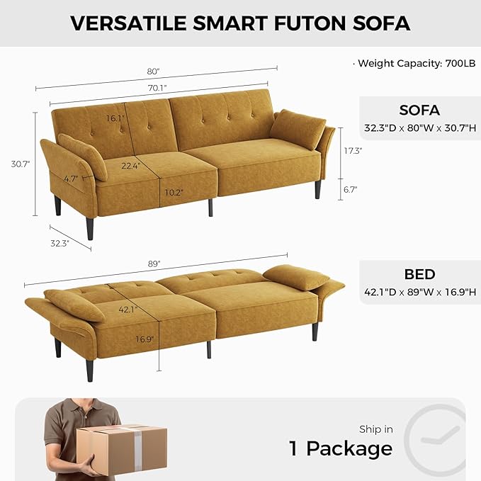 89” Futon Sofa Bed,Comfy Futon Couch Bed with 2 Square Pillows, Convertible Sleeper Sofa with Adjustable Backrest& Armrests, Modern Loveseat Sleeper for Living Room, Bedroom, Yellow-CasaMuseHome