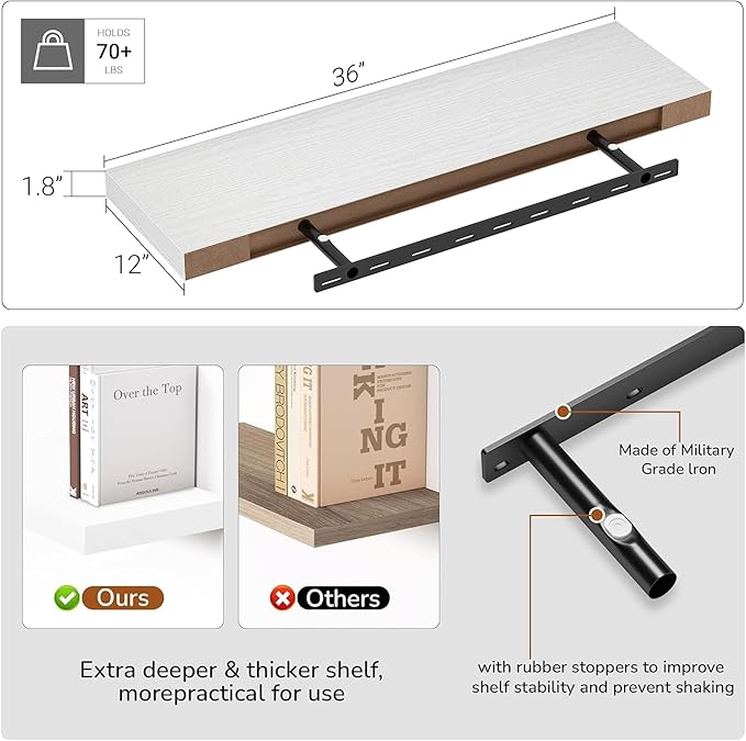 10 inch Deep Wall Shelves 36 inche Long, 1.8 Thick Single Floating Shelf Wall Mounted, Heavy Duty 70 lbs Shelves for Bedroom, Books, Living Room, Kitchen, Office Modern Farmhouse Decor, White-CasaMuseHome