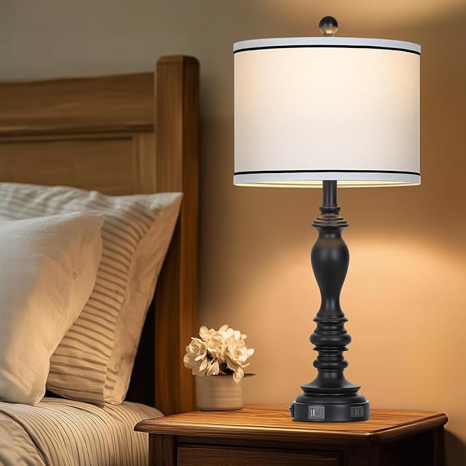 27.5" Farmhouse Table Lamp for Living Room, Black Lamps Set of 2 with USB A+C Ports, Mid Century Tall Table Lamp for Bedroom, Bedside Lamps for Night Stands(2 Bulbs Included)-CasaMuseHome