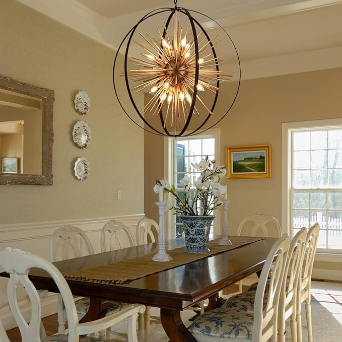 31.5" Black Gold 16-Light Globe Sputnik Chandelier Modern Industrial Adjustable Hanging Ceiling Firework Pendant Light Fixture for Entryway Foyer Stairway Bedroom Dining Living Room Hallway-CasaMuseHome