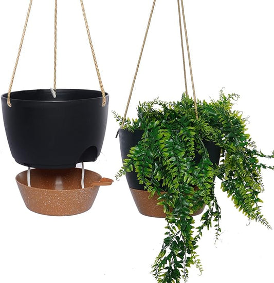8 inch Hanging Planters, 2 Pack Self Watering Hanging Pots with 20oZ Deep Reservoir for Indoor Outdoor Plants Flowers, Black with Brown-CasaMuseHome