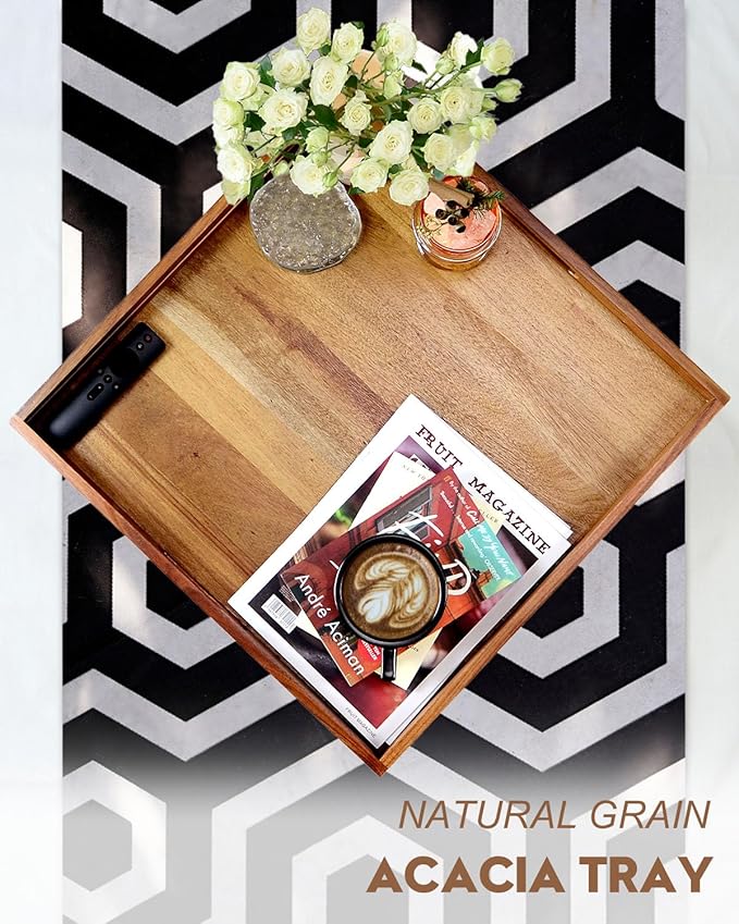 20 Inches Square Acacia Wood Ottoman Tray, Extra Large Wooden Serving Tray with Handles for Living Room, Serving Food Breakfast, Ottoman Coffee Table Couch Sofa Kitchen-CasaMuseHome