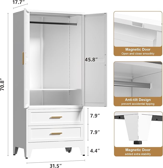 71'' Farmhouse Metal Wardrobe Cabinet with Hanging Rod, 2 Barn Door Wardrobe Closet with Adjustable Shelves,2 Drawer,for Dining Room,Bedroom,Living Room, Cloak Room,Office (White)-CasaMuseHome