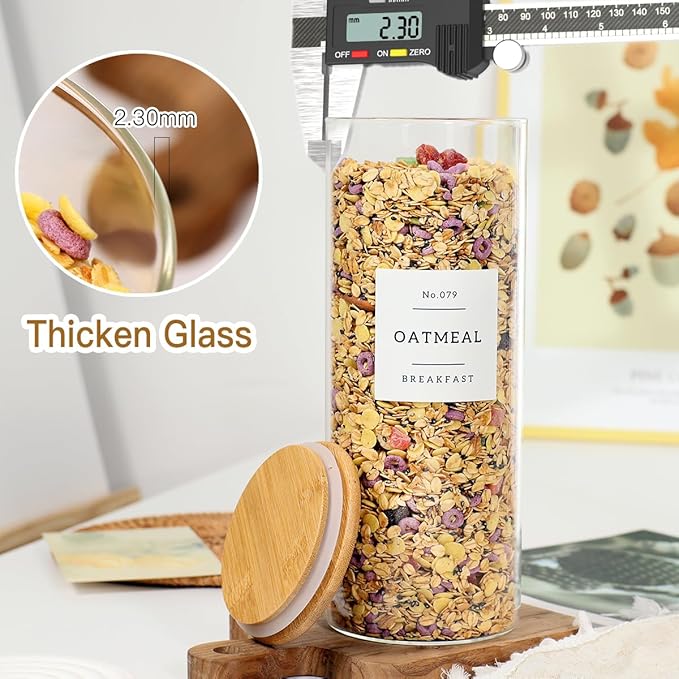3 Pack Glass Jar with Airtight Bamboo Lid and White 132 Kichen Pantry Labels Preprinted - 56 Oz Clear Tall Glass Food Storage Containers set For Pasta Flour Cookie Rice-CasaMuseHome