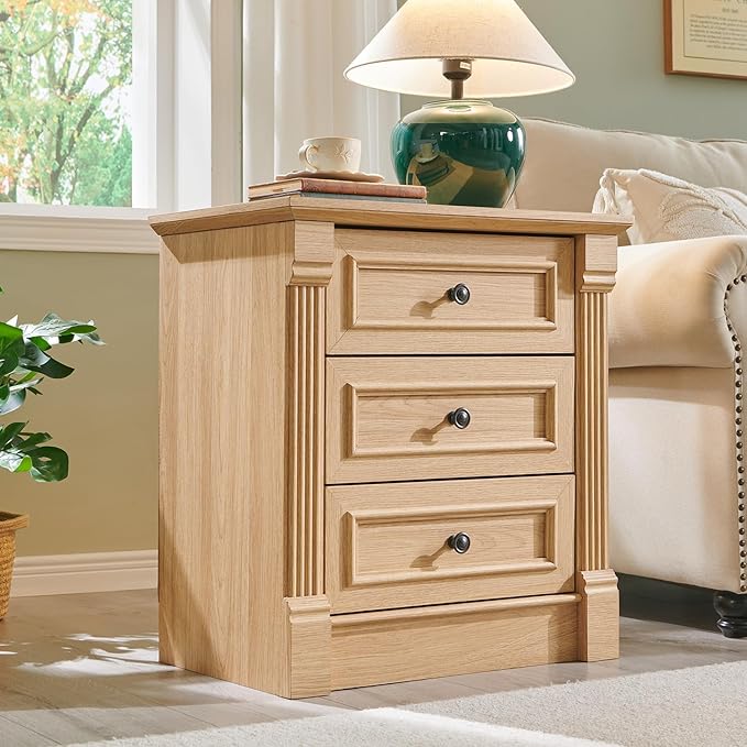 26" Tall Farmhouse Nightstand, 3 Drawers End Table w/Charging Station, 23.6" Wide Large Side Table w/Roman Column, Wood Rustic Sofa Table for Bedroom, Natrual-CasaMuseHome