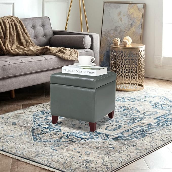 Adeco Bonded Leather Square Tufted Cubic Cube Footstool, 18" Height Storage Ottomans, with Lid, Cement Grey-CasaMuseHome