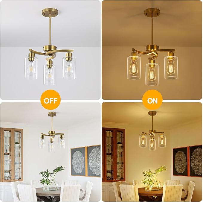 3-Light Gold Dining Room Chandeliers Over Table, Contemporary Kitchen Island Pendant Lighting, Industrial Hanging Light Fixture for Entryway Hallway Foyer Bedroom, Clear Glass Shade-CasaMuseHome