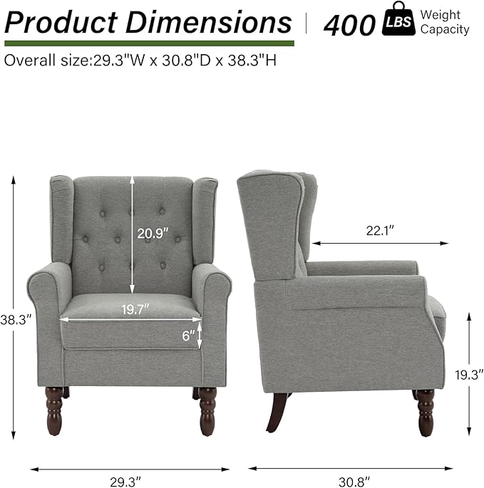 Accent Chair, Upholstered Armchair with Button Tufted High Back & Solid Wood Legs, Comfy Wingback Reading Single Sofa Chair for Small Spaces, Living Room, Bedroom (Light Grey, Set of 2)-CasaMuseHome