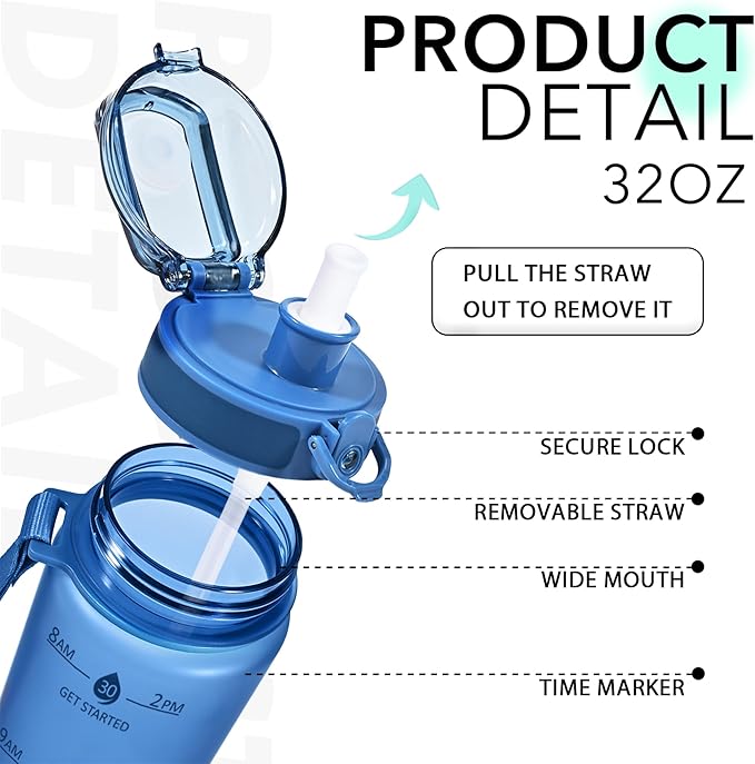 32oz Motivational Water Bottles with Time Marker & Fruit Strainer, Transparent Gradient Color Water Bottle with Times to Drink, Leakproof & BPA Free, Reusable Bottle with Strap (No Straw)-CasaMuseHome