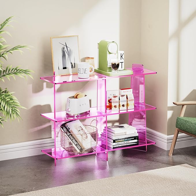 Acrylic Bookshelf, Small 3 Tier Open Bookcase for Small Spaces,Sofa Table, Hallway Entry Table for Home Living Room (Pink, 39.4'' x 11.8'' x 31.5'')-CasaMuseHome