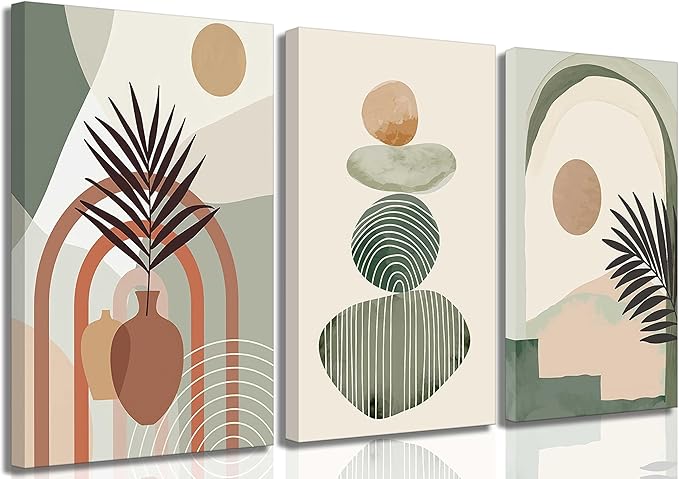 3 Pcs Mid Century Modern Boho Abstract Canvas Wall Art Neutral Green Bohemia Sun and Plant Pictures Wall Decor Posters Print Artwork for Living Room Bedroom Bathroom Office Home Decoration-CasaMuseHome