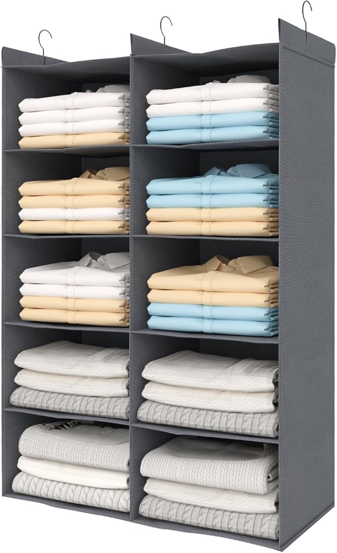 5 Tier Shelf Hanging Closet Organizer, Dual-Row 10 Pocket Cloth Hanging Shelf with 3 Sturdy Hooks for Storage, Foldable (Grey)-CasaMuseHome