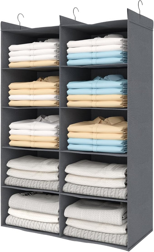 5 Tier Shelf Hanging Closet Organizer, Dual-Row 10 Pocket Cloth Hanging Shelf with 3 Sturdy Hooks for Storage, Foldable (Grey)-CasaMuseHome