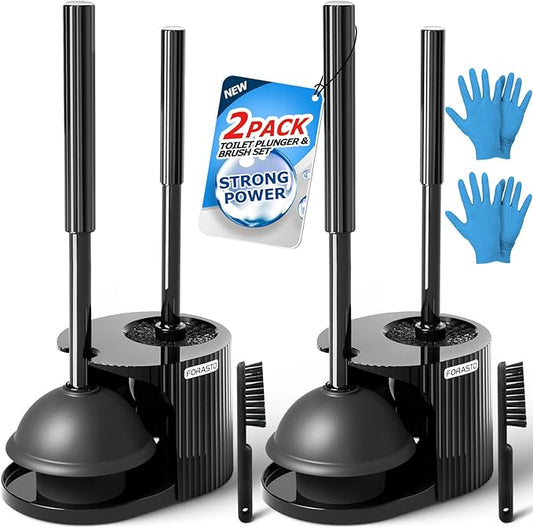 2Pack 2 in 1 Toilet Brush and Plunger Set, Extended Handle Plunger,Toilet Bowl Brush Plunger Set,Clean Gloves,Cleaning Tools,Cleaning Brush,Cleaning Supplies,Toilet Brush Plunger Combo,Black-CasaMuseHome