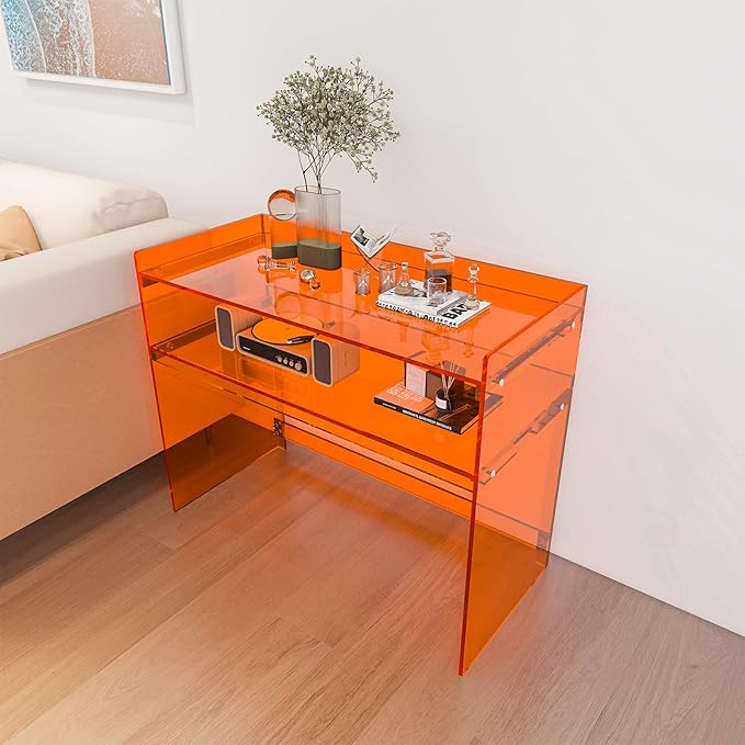 Acrylic Desk with Retaining Edge, Orange Acrylic Table, Console Table for Office, Study, Bedroom, Entrance Decor (17.7" D x 39.4" W x 31.5" H, Orange)-CasaMuseHome