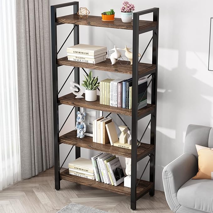 5 Tier Bookshelf Rustic Solid Wood Industrial Style Bookcase,Metal and Real Wood Vintage Bookshelf,Book Shelves Home Office, Retro Brown,Dark Matching credenza(LZ01-05tier) (5Tiers)-CasaMuseHome