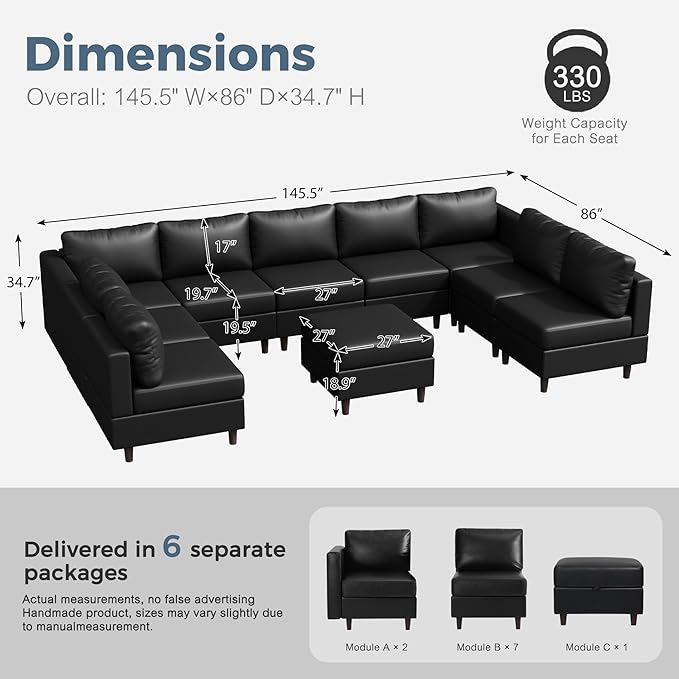 ABCASA Oversized 145.5" Faux Leather Modular Sectional Sofa, Modern Large 10 Seater U Shaped Couch with Storage Seat with Reversible Chaise Deep Seat for Living Room DIY Combination - Black-CasaMuseHome