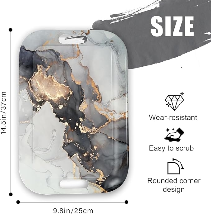 Serving Trays with Handles, 14.5 x 9.8 inch Rectangular Plastic Tray for Restaurant, Kitchen, Gray and Golden Marble-CasaMuseHome