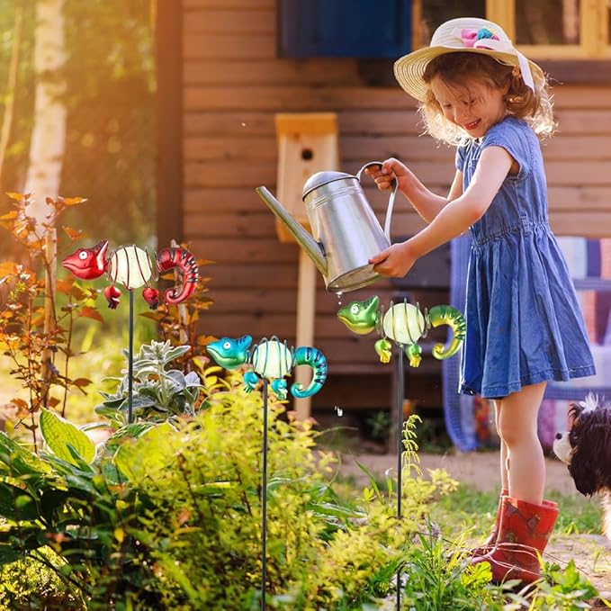 3 Pack Garden Stakes Decorative,Cute Chameleons Glow in The Dark Metal Garden Decor,Waterproof Metal Yard Art Decor for Outside,Funny Present for Mom Women Grandma-CasaMuseHome