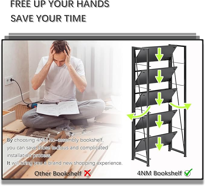 4NM No Assembly Foldable Bookshelf, 5-Shelf Collapsible Bookcase Storage for Small Spaces, 62.2" H, All Black-CasaMuseHome