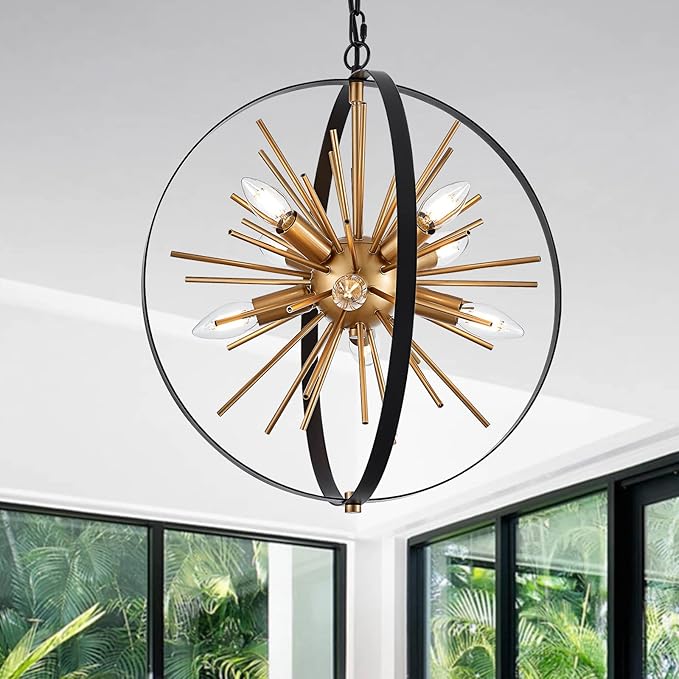 17.72'' Black Gold 8-Light Globe Sputnik Chandelier Modern Industrial Adjustable Hanging Ceiling Firework Pendant Light Fixture for Entryway Stairway Kitchen Dining Living Room Hallway-CasaMuseHome