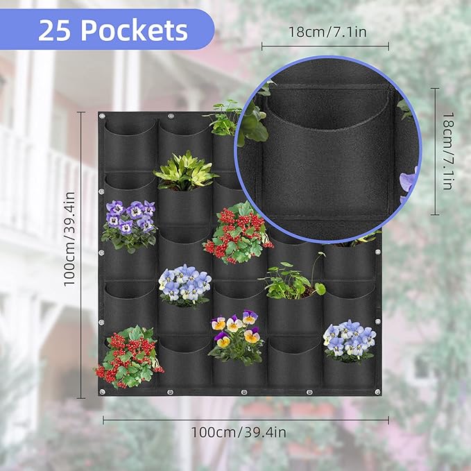 25 Pockets Hanging Planter Bags, Hanging Vertical Wall Mounted Plant Planting Grow Bags, Herb Garden Planter Outdoor Indoor Growing Bag, Gardening Vertical Greening Flower Container(1m×1m, Black)-CasaMuseHome