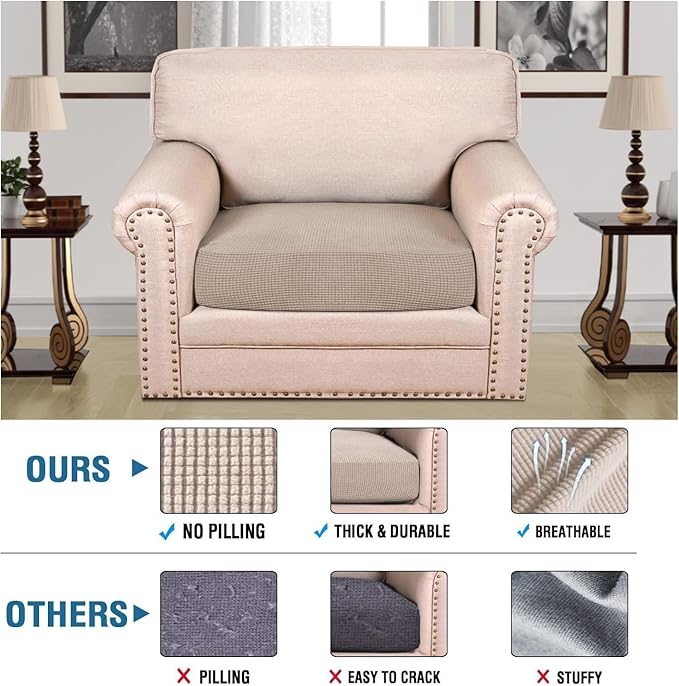 H.VERSAILTEX Super Stretch Individual Seat Cushion Covers Sofa Covers Couch Cushion Covers Slipcover Sets Thick Jacquard Textured Twill Fabric (1 Piece Chair Cushion Cover, Sand)-CasaMuseHome