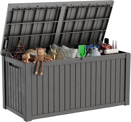 180 Gallon Deck Box,Resin Outdoor Storage Box with Lockable for Patio Furniture, Pool Accessories, Garden Tools Waterproof Outside Storage Box, Grey-CasaMuseHome