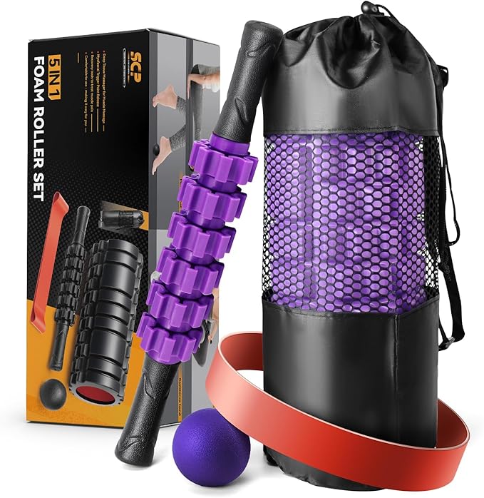 5 in 1 Foam Roller Set for Deep Tissue Muscle Massage, High Density Trigger Point Fitness Patented Exercise Foam Roller, Massage Roller, Massage Ball, Resistance Band, for Whole Body(Purple)-CasaMuseHome