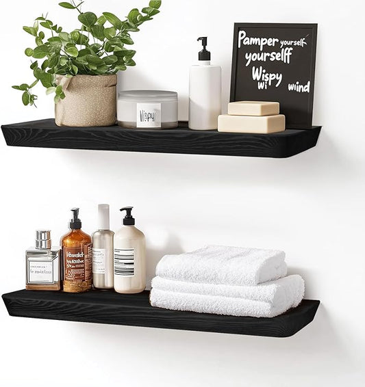 24"x6.8"x1.6" Slanted Floating Wall Shelves 2-Pack - Rustic Black Finish, Heavy-Duty Solid Wood Design with Hidden Brackets - Perfect for Living Room, Kitchen, Bathroom, or Office-CasaMuseHome