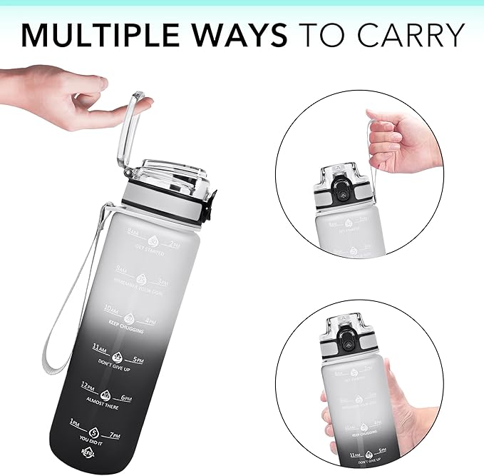 32oz Motivational Water Bottles with Time Marker & Fruit Strainer, Transparent Gradient Color Water Bottle with Times to Drink, Leakproof & BPA Free, Reusable Bottle with Strap (No Straw)-CasaMuseHome