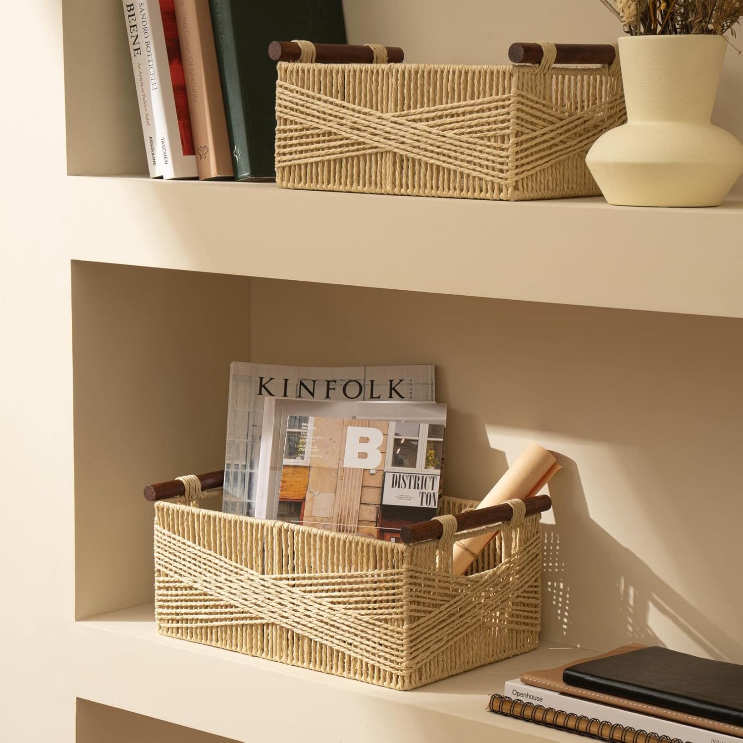 LA JOLIE MUSE Wicker Storage Baskets for Organizing, Recyclable Paper Rope Basket with Wood Handles, Decorative Hand Woven Basket Organizers for Makeup Books Shelves Living Room, Beige, Set of 2