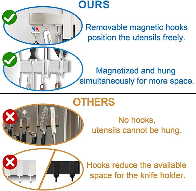 16 Inch Magnetic Knife Holder for Refrigerator - Knife Magnetic Strip for Fridge with Magnetic Hooks - Double Sided Magnetic Knife Bar - Stainless Steel Kitchen Magnetic Knife Hanger Rack-CasaMuseHome