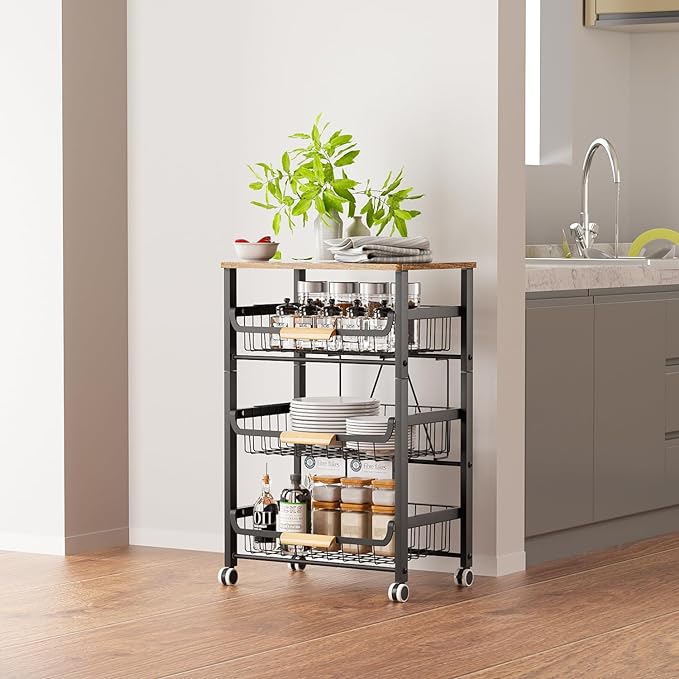 4-Layer Fruit Basket Kitchen Food Organizer and Rack, Stackable Storage Cart with Desktop, Pull-Out Hollow Metal Basket, Sliding Out Storage (Black 4-Layer Rack)-CasaMuseHome