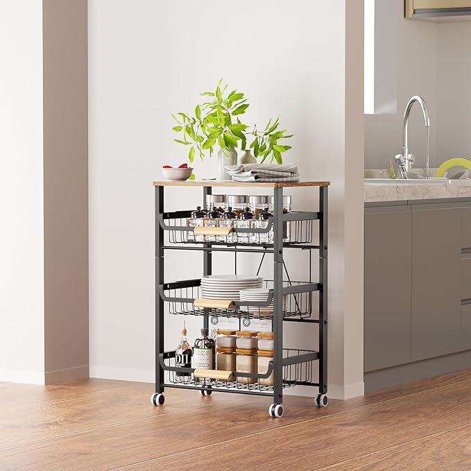 4-Layer Fruit Basket Kitchen Food Storage Organizer and Storage Rack, Stackable Storage cart with Desktop, Pull-Out Hollow Metal Storage Basket, liding Out Storage,White-CasaMuseHome