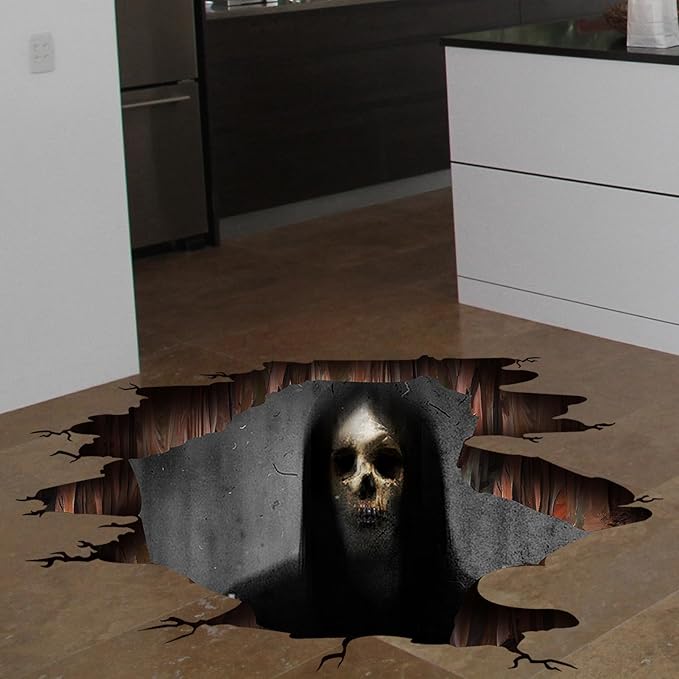 3D Halloween Wall Decals Scary Skeleton Halloween Wall Stickers, Spooky Long Hair Zombie Floor Decor Posters Decals Decorations for Living Room Bedroom Party Supplies-CasaMuseHome