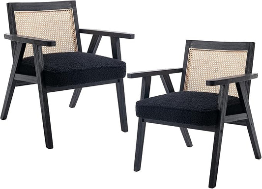 Accent Rattan Chairs Set of 2, Faux Fur Upholstered Living Room Chairs with Cane Back, Retro Mid Century Modern Cane Chair Armchair for Reception Reading Indoor Outdoor, Black-CasaMuseHome