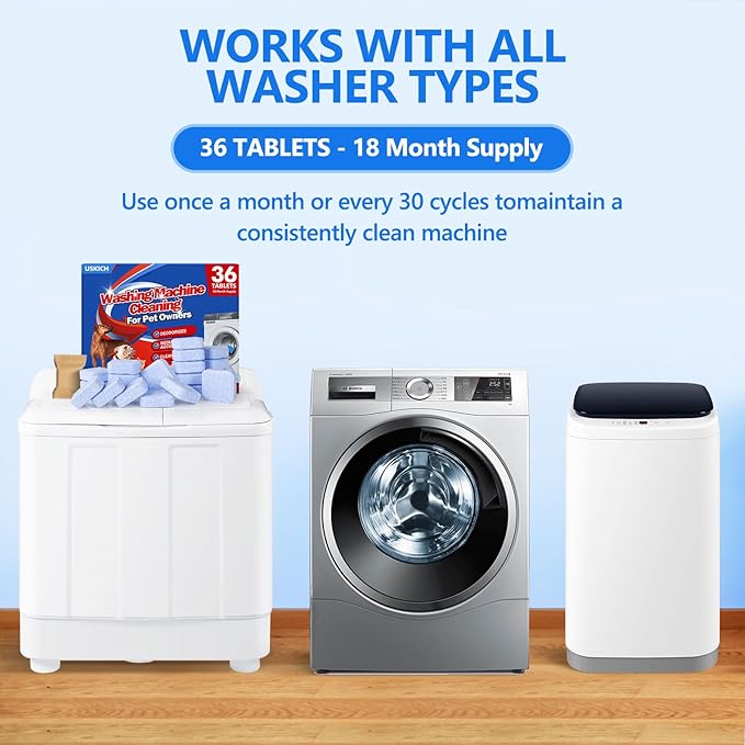 36Pack Washing Machine Cleaner Tablets-18 Month Supply,Washer Machine Cleaner Formulated For Pet Owners,Easy Pet Hair Remover for Laundry,Compatible with HE, Top & Front Load Washer.Septic Safe-CasaMuseHome