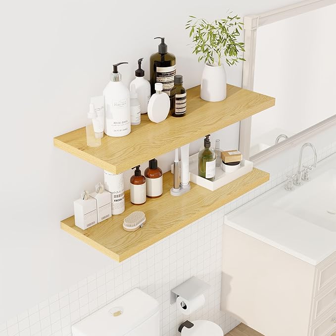36" Floating Shelves for Wall, 12" Deep Slim Oak Floating Shelves, Wall-Mounted Shelves for Bedroom, Living Room, Kitchen, Bathroom - Set of 2-CasaMuseHome