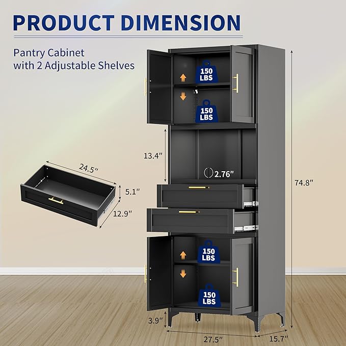 75” Tall Kitchen Pantry Storage Cabinet, Metal Storage Cabinet with 2 Drawers and Adjustable Shelves, Kitchen Pantry Cupboard, Freestanding Cupboard for Bathroom, Living Room(Black)-CasaMuseHome