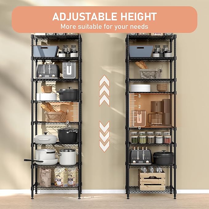 8 Tier 2000 lbs Storage Rack Metal Wire Shelving Unit, Storage Standing Shelf Organizer for Laundry Bathroom Kitchen Pantry Closet Garage Basement Utility Room, Black 13.8" D x 23.6" W x 79.5" H-CasaMuseHome