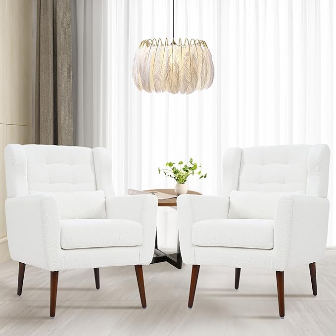 Accent Chair Set of 2, Upholstered Armchair with Pillow, Teddy Single Sofa with Lounge Seat and Wood Legs for Living Room Small Spaces-CasaMuseHome