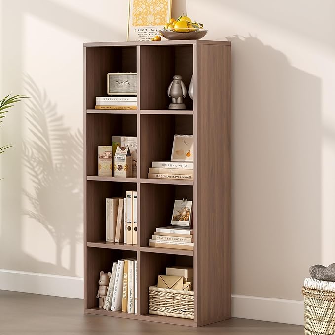 8-Cube Storage Shelf Bookcase - Wooden 4-Tier Floor Standing Open Bookshelf for Home and Office, Cuby Orgainzer, Walnut-CasaMuseHome