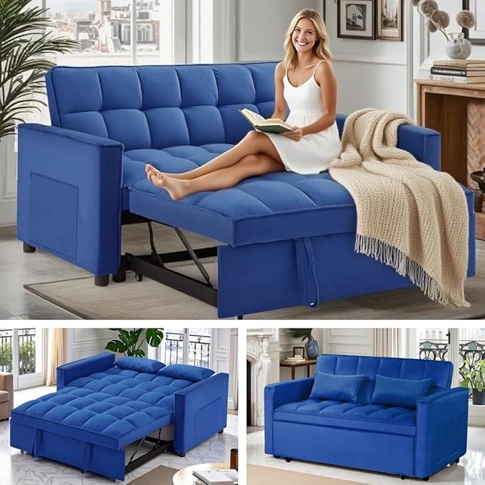 3 in 1 Sleeper Sofa Bed, Futon Sofa Bed for Living Room with Side Pocket, Blue Sleepers Sofas Couch with Pullout Beds, Convertible Love Seat Sleepers couch for Living Room, Bedroom, Small Space-CasaMuseHome