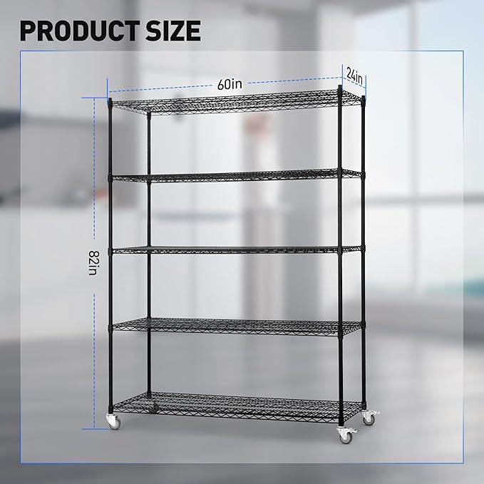 5 Tier Wire Shelf Shelving Unit, 60"x 24"x82" Metal Storage Shelves, Heavy Duty Garage Storage Shelves with Wheels, Chrome 3000LBS Capacity Wire Shelf Rack for Restaurant, Garage, Pantry, Kitchen-CasaMuseHome