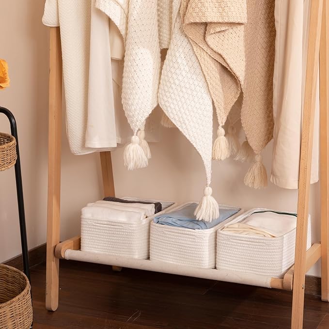 3 Pack Small Storage Baskets for Organizing, Cute Woven Decorative Gift Baskets for Shelves, Mini Closet Organizer Bins with Handles-13''Lx8.66''Wx5.11''H-White-CasaMuseHome