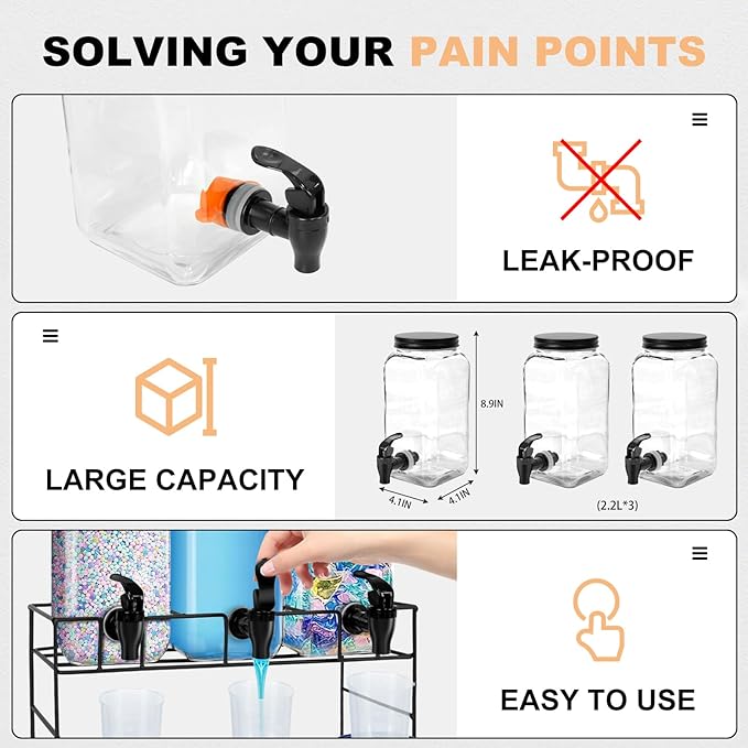 3-Pack 2.2L Glass Laundry Detergent Dispenser Set with Stand - Premium Liquid Soap Dispenser with PP Spigots, Measuring Cups, and Chalkboard Labels for Laundry Room Organization and Storage-CasaMuseHome