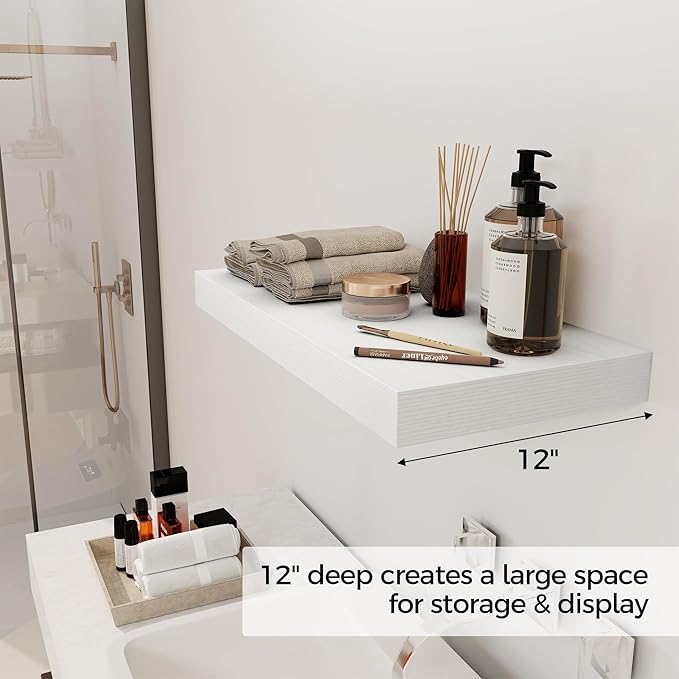 12 Inch Deep White Floating Shelves, 24 x 12 Floating Shelf for Books, Rustic Wood Deep Wall Shelves for Home Storage & Display, 2" Thicked Shelves for Kitchen, Living Room, Bedroom, 2 Pack-CasaMuseHome