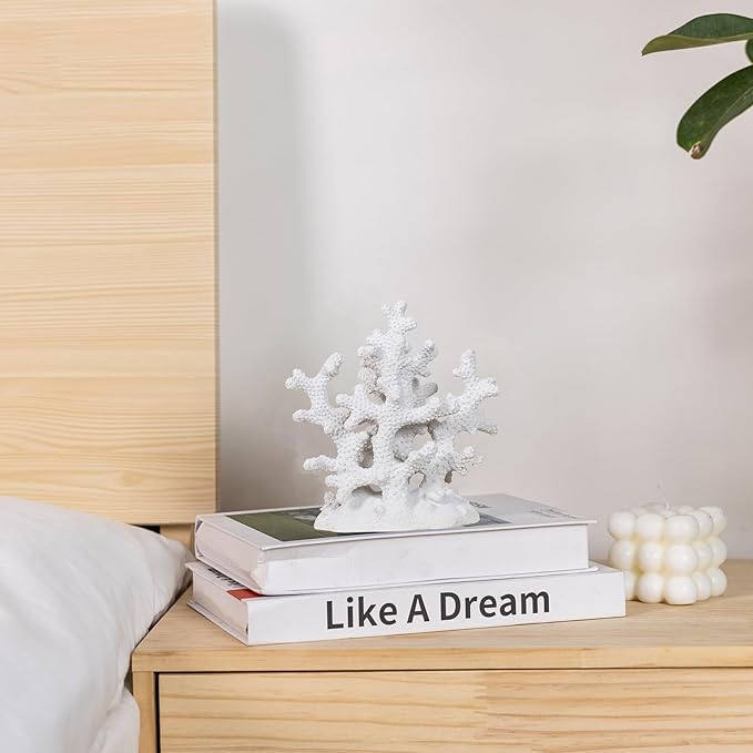 7.1" H White Coral Decor, Resin Statue, Nautical Decorations for Home, Bedroom, Bathroom, Living Room, Beach/Coastal/Ocean Themed Cabinet Shelf Tabletop Decor-CasaMuseHome